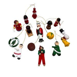 Hand-Painted Vtg Wooden Christmas Ornaments Set Of 15 Figurines Mid-Century